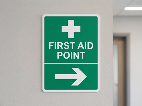 A green and white first aid point directional sign mounted on an office wall, ideal for workplace safety concepts.