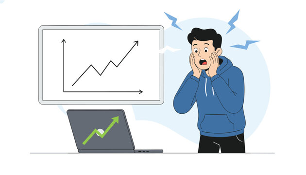 Shocked young man looking at rising stock charts on his laptop screen and whiteboard represents extreme financial market volatility.