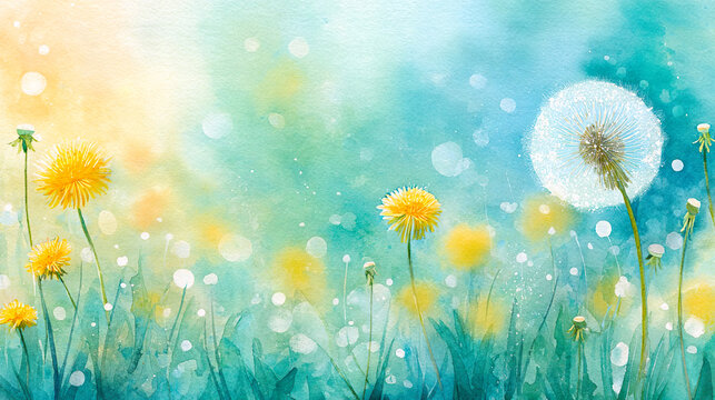 滲む水色の背景にタンポポの花と綿毛の水彩イラスト