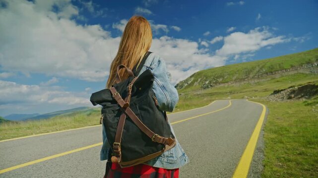 Woman walks along a winding road in the mountains on a clear day with a backpack