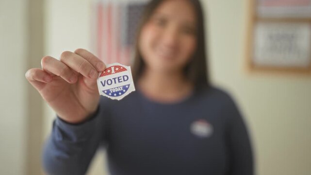 Woman holds 'voted' sticker with hand in building near an american flag and framed sign, smiling young hispanic female; civic pride.