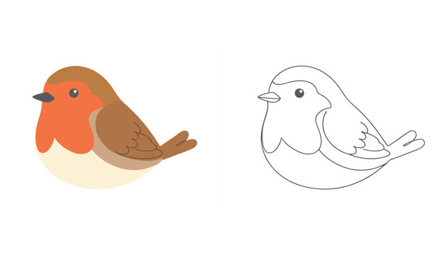 European robin bird illustration shown side by side in both colorful cartoon style and black and white line art outline version.