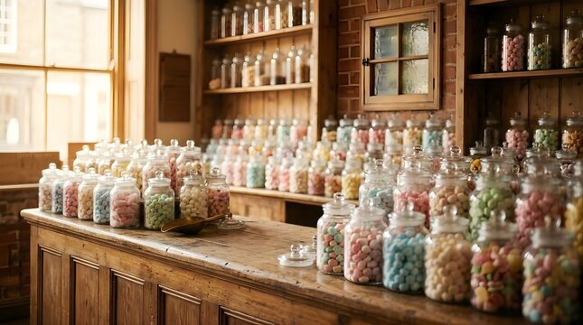 Glass jars filled with colorful candies inside a rustic vintage sweet shop