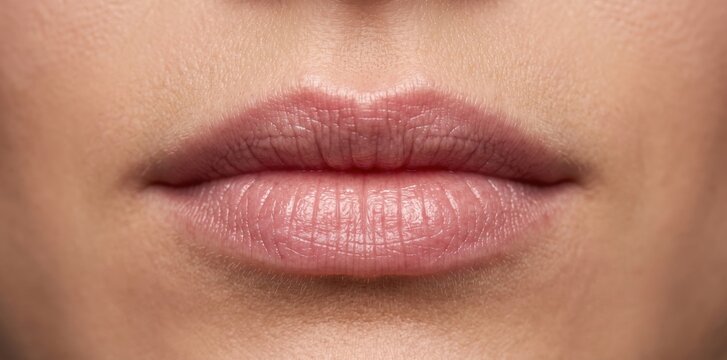 Extreme close-up of a woman's natural lips, showing detailed skin texture, pores, and fine lines on the mouth, captured in soft, neutral lighting with a focus on human facial