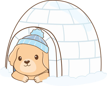 Cute Cartoon Puppy in an Igloo