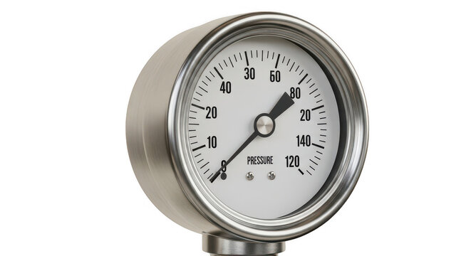 Analog pressure gauge with white dial and metal casing.