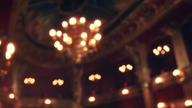 A chandelier hangs from the ceiling in a theater. Lights shine bright, illuminating the space where an audience watches a show. The atmosphere is lively with excitement.