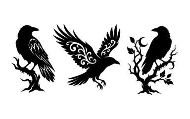 Fototapeta premium Set of three decorative black crows perched on branches and flying in a striking artistic silhouette