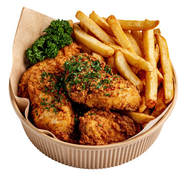 Fried chicken broast with french fries served in