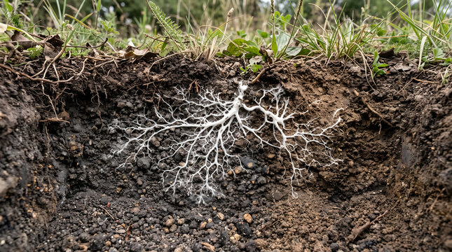 Mycoremediation using fungal mycelium illustrates sustainable soil remediation, biodegradation, and environmental restoration for scientific and corporate sustainability communication.