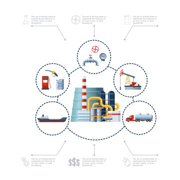 Modern oil production background for website banners and social media. Industrial petroleum refinery plant, offshore energy drill rig, fuel pipeline transport, and gas industry vector design.