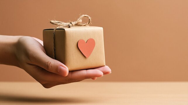 Hand holding a small gift box with a red heart for charity and donation concepts