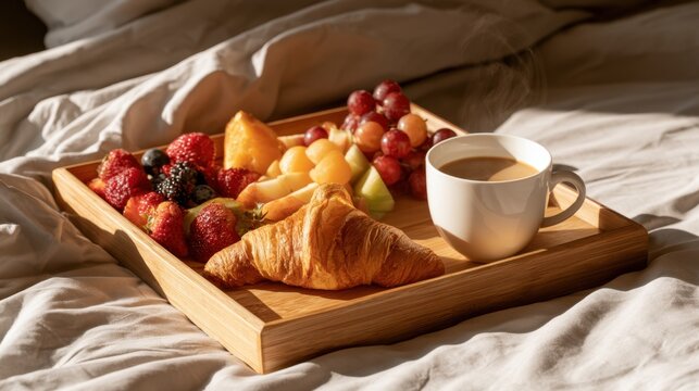 Fresh breakfast tray with croissant, assorted fresh fruit, and cup of coffee on cozy bed linen, natural morning light, relaxing home meal setting