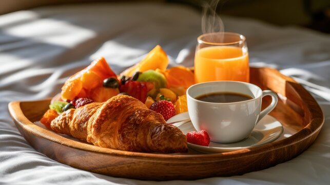 Fresh breakfast tray with golden croissant, colorful fresh fruit assortment, cup of hot coffee, and glass of orange juice served on cozy white bed linens with soft morning light