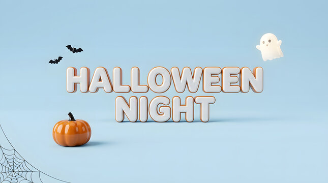 3D Halloween Night text with pumpkin and ghost isolated on transparent background