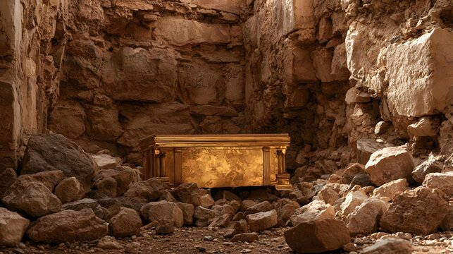 Golden ark of the covenant placed inside a ruined stone chamber