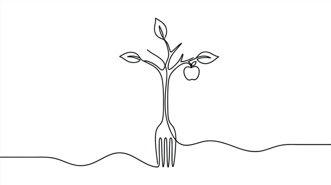 Premium continuous one line drawing of a fork transforming into a tree with an apple