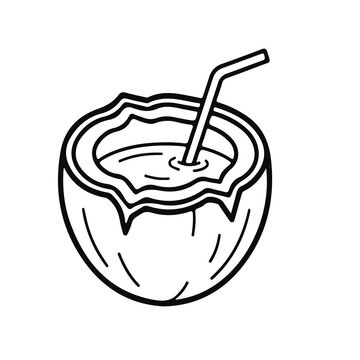 Open coconut with straw drawing illustration transparent background