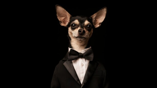 Small black and tan dog wearing a classic black tuxedo jacket, white shirt, and black bow tie posing confidently against a dark background in formal attire