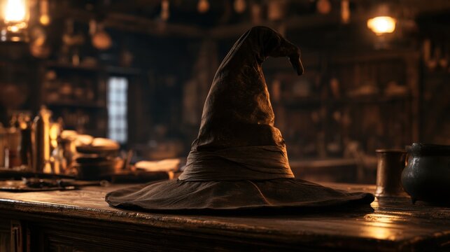 Old worn magical wizard hat sitting on wooden table inside dimly lit rustic fantasy room filled with books and ancient artifacts for sorcery and spellcraft