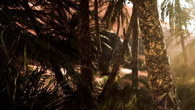 Palm trees stand tall in a wooded area as sunlight filters through leaves. The setting shows a natural environment filled with lush greenery and shadows.