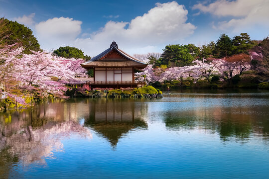 Ein traditionelles japanisches Teehaus neben einem stillen Teich, umgeben von bl&uuml;henden Kirschb&auml;umen im Fr&uuml;hling.