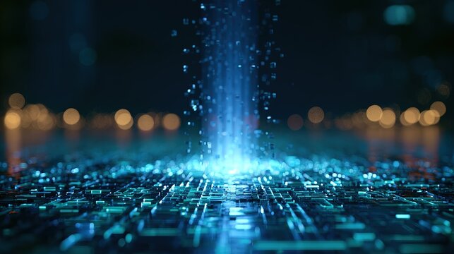  Abstract digital art in futuristic cyber style, wide grid of glowing blue blocks and lines receding into dark‑blue background, powerful luminous blue light column rising vertically from center