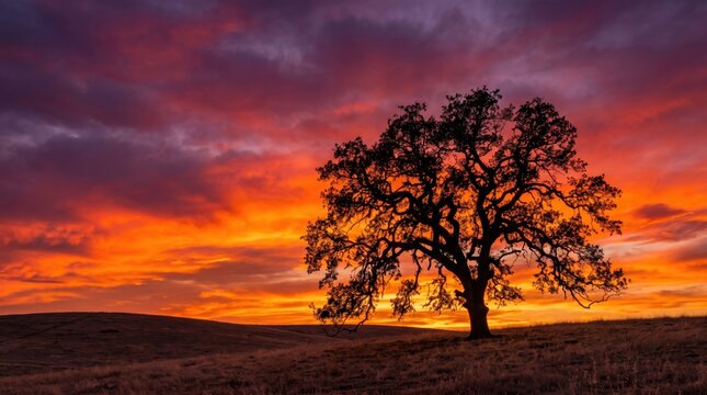 Silhouette of a large, gnarled oak tree standing alone on a grassy hill against a dramatic, vibrant sunset sky filled with deep purple, orange, and fiery red clouds