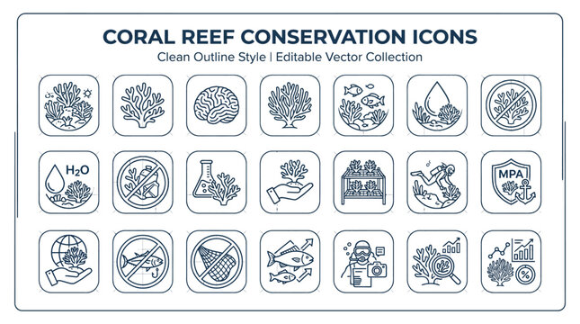 Coral reef conservation icon set featuring clean outline vector graphics for environmental awareness and marine protection