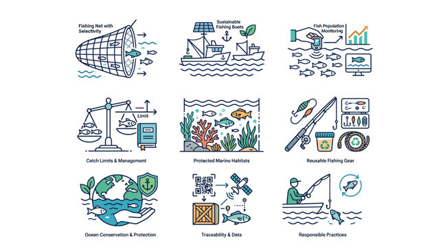 Sustainable fishing practices and marine conservation vector illustration set showing responsible aquatic resource management and safety