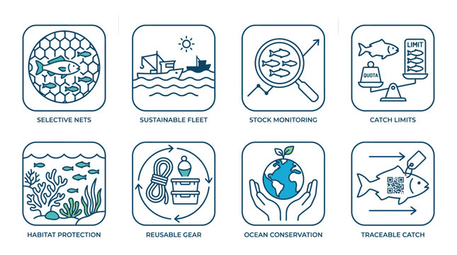 Sustainable fishing practices icons set featuring various environmental conservation methods as clean modern vector graphic illustrations