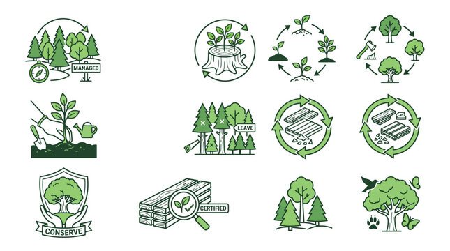 Sustainable forest management vector icons showcasing eco friendly wood production cycles with green line art design