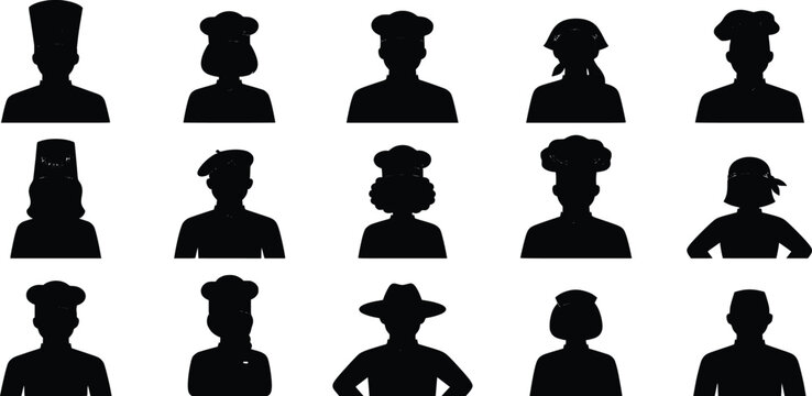 Set of various professional avatars and silhouettes representing different occupations and job roles in black icons