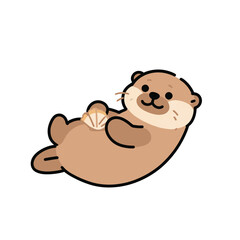 Obraz premium Cute cartoon otter holding a seashell on its belly.