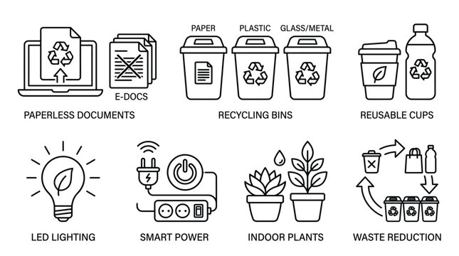 Eco friendly vector illustration showing various sustainable lifestyle habits for corporate office and home environmental conservation