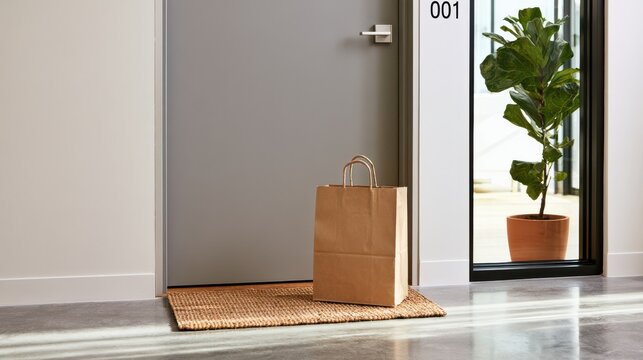 A brown paper bag is left on a doormat outside a closed apartment door, near a potted plant by the entrance hallway.