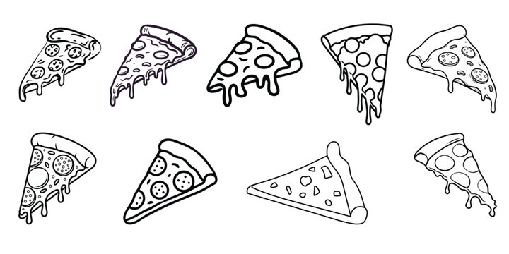 Hand-drawn line art collection of various pizza slices with dripping cheese and toppings isolated on a white background.