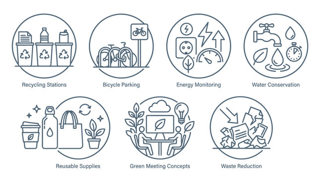 Sustainable lifestyle vector illustration icons set showing various eco friendly habits and green living initiatives