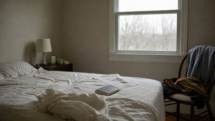 Naklejka premium Unmade Bed in Simple Bedroom Interior
