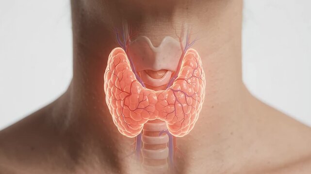 Anatomical illustration of the human thyroid gland overlayed on a person's neck, depicting endocrine system health and medical science
