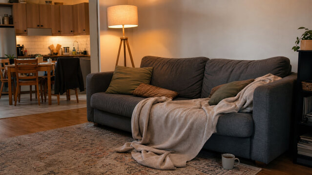 Cozy living room with sofa and floor lamp