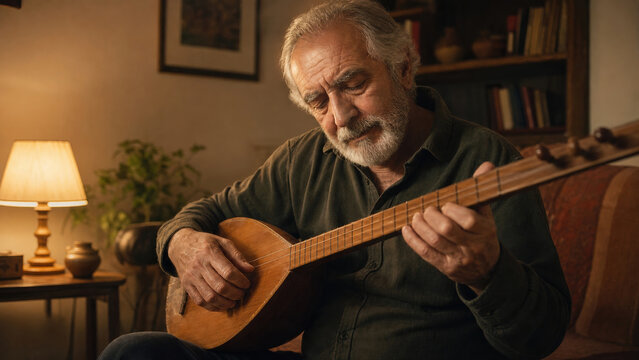 Senior man playing baglama at home