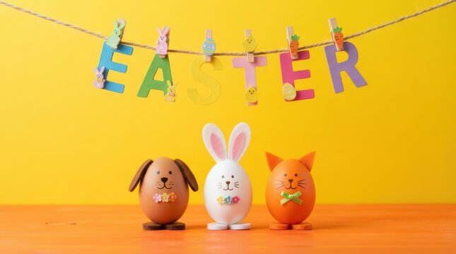 Easter eggs decorated as a dog, rabbit, and cat standing on an orange surface with a colorful banner hanging above