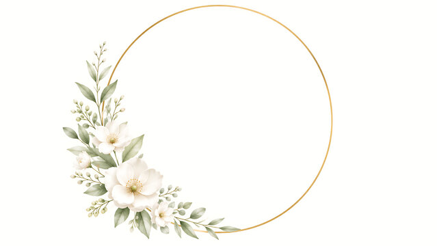 An elegant watercolor floral frame with delicate white flowers and green foliage.