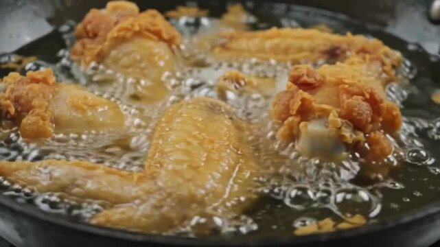 Crispy fried chicken wings bubbling in hot oil. Golden brown poultry deep frying in a pan. Sizzling fast food preparation for restaurant menu.