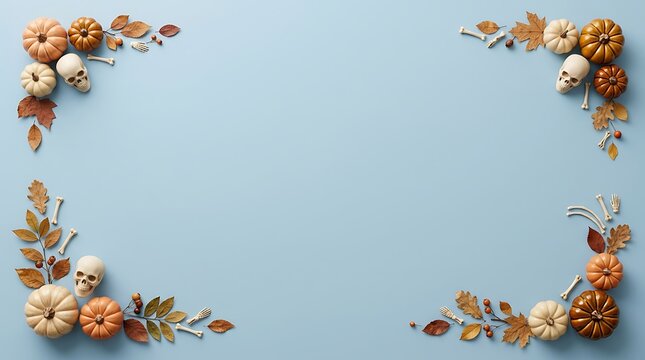 Halloween decorations with pumpkins, skulls, and leaves on a blue background