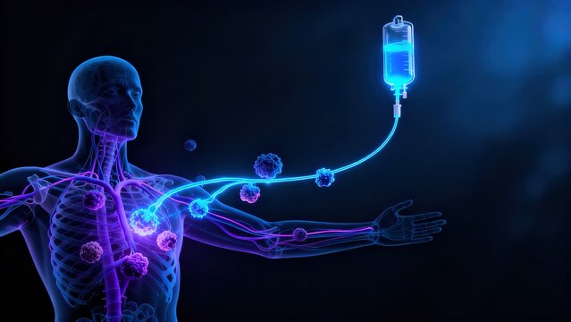Chemotherapy drug delivered through IV line flowing through bloodstream and shrinking glowing tumors across semi-transparent human body