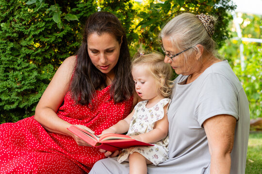Three Generations Reading Red Book Together in Summer Garden