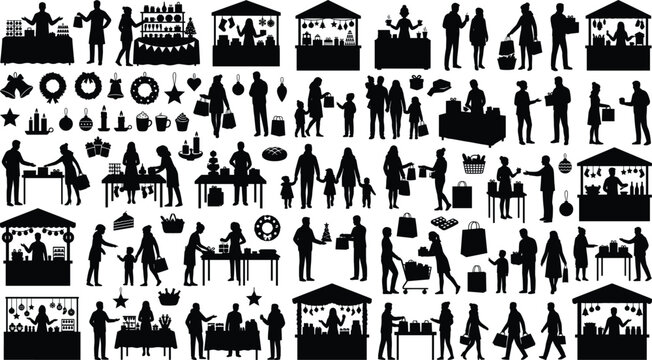Christmas market silhouette vector set with people shopping at winter fair stalls buying holiday decorations gifts and food