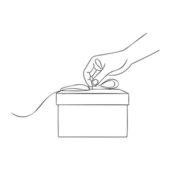 Human hand opens elegant ribbon bow on square gift box using continuous line art technique for celebration and surprise gift concepts.